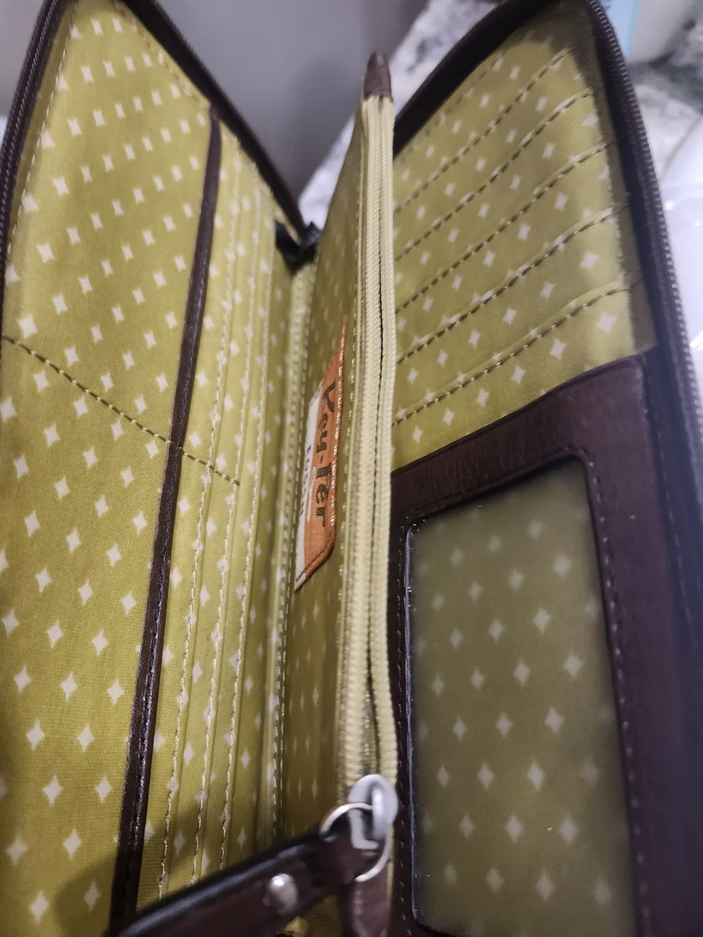 Fossil Blue Floral Zip Wallet with Brown Trim